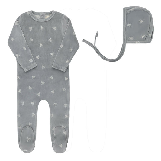 Velour Leaf Pattern Collection - Footie + Bonnet
