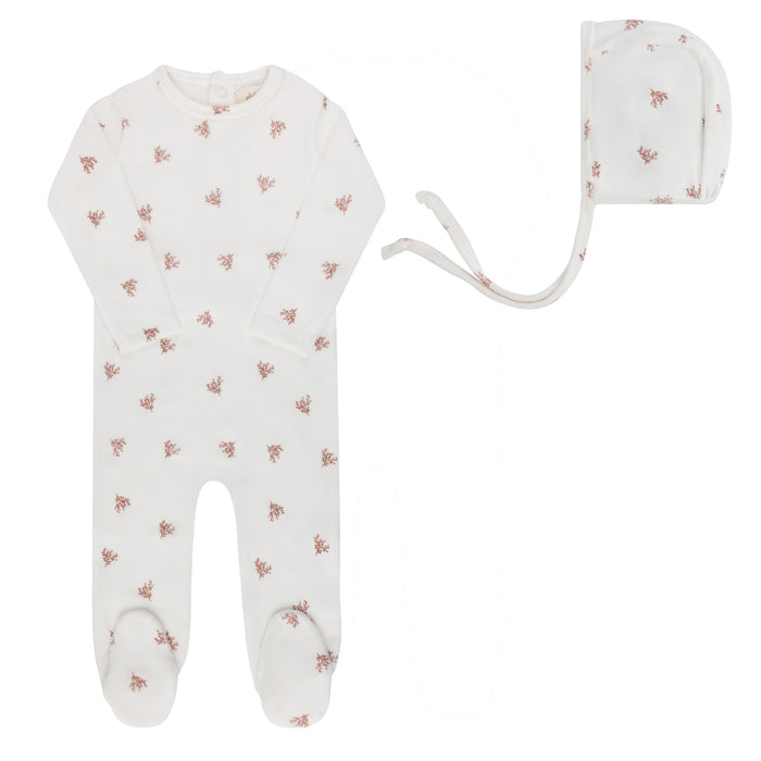 Velour Leaf Pattern Collection - Footie + Bonnet