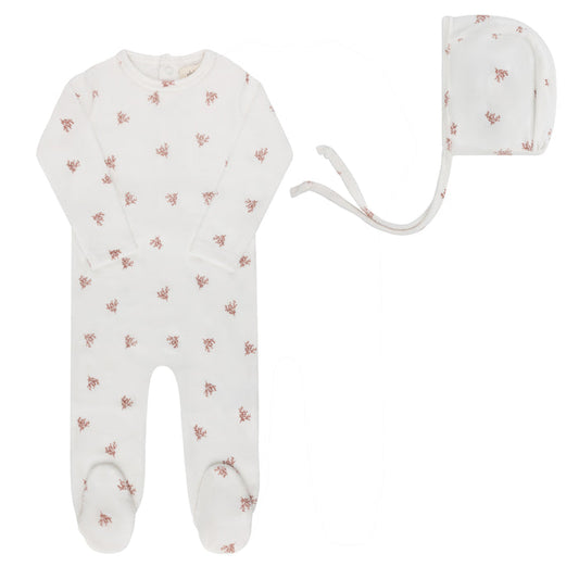 Velour Leaf Pattern Collection - Footie + Bonnet
