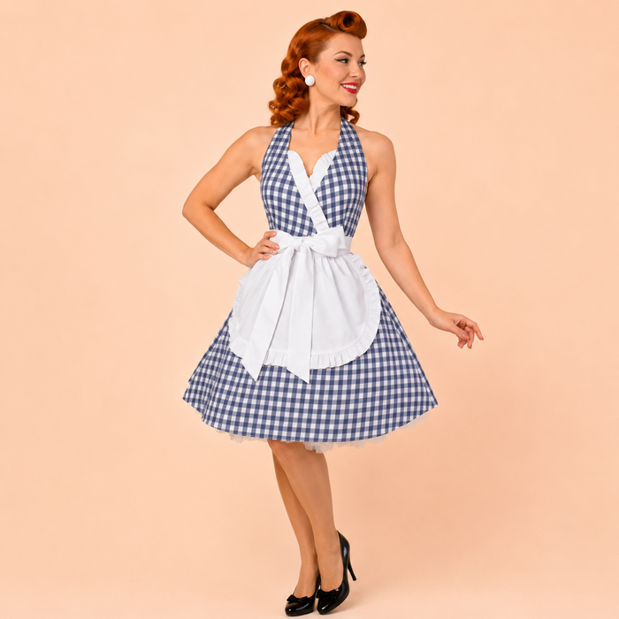 Vintage Blue Gingham Apron, French Maid Inspired Hostess Apron
