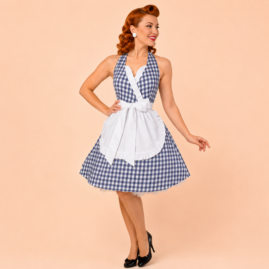 Vintage Blue Gingham Apron, French Maid Inspired Hostess Apron
