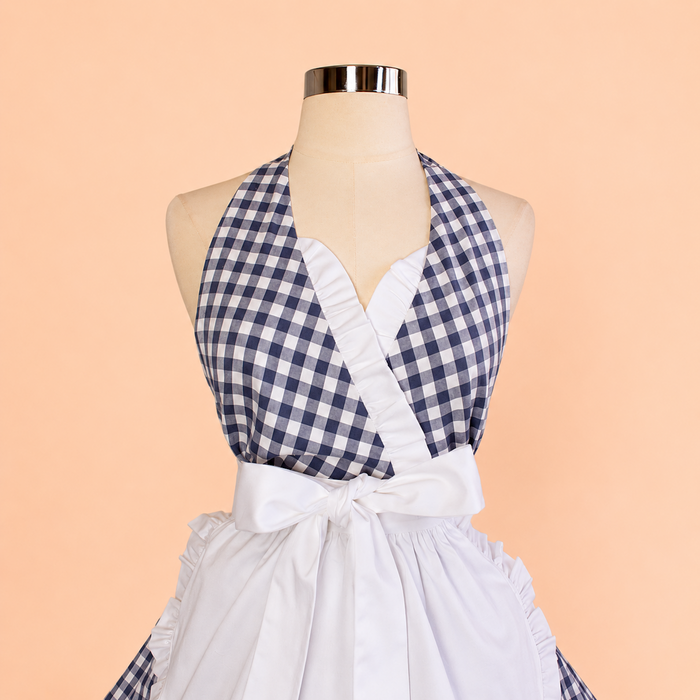 Vintage Blue Gingham Apron, French Maid Inspired Hostess Apron
