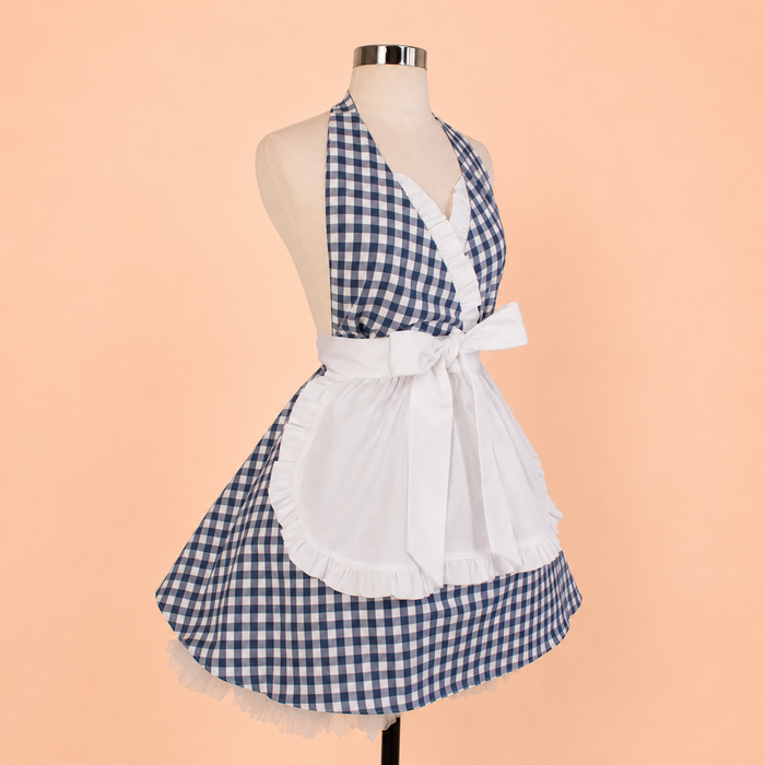 Vintage Blue Gingham Apron, French Maid Inspired Hostess Apron