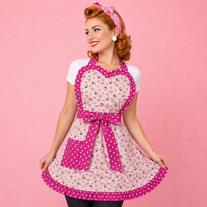 Vintage Pink Polka Dot Apron 1950s Pin Up Apron