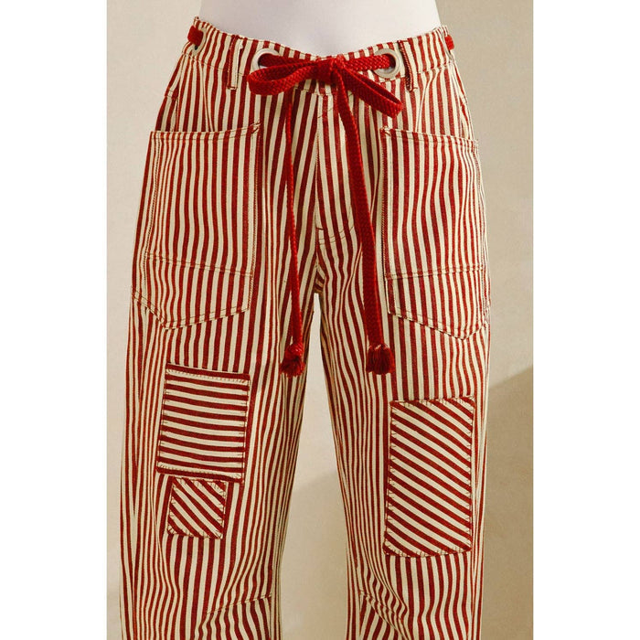 Washed Vintage Stripe Rope String Pants: RED