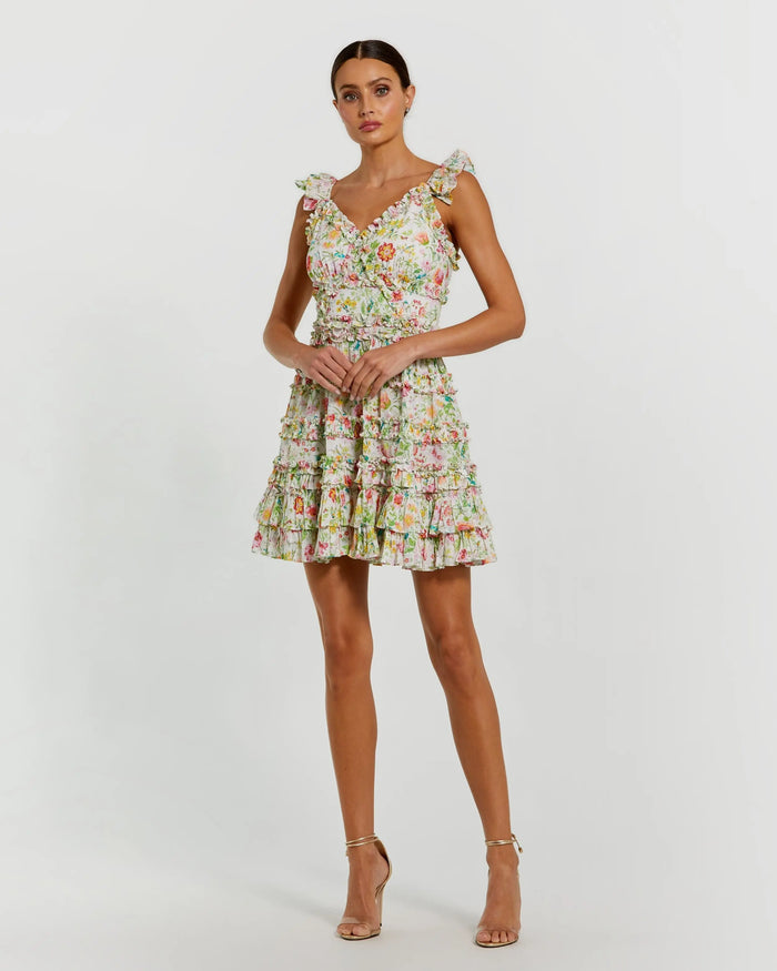 White Floral Tiered Ruffle Mini Dress Mac Duggal