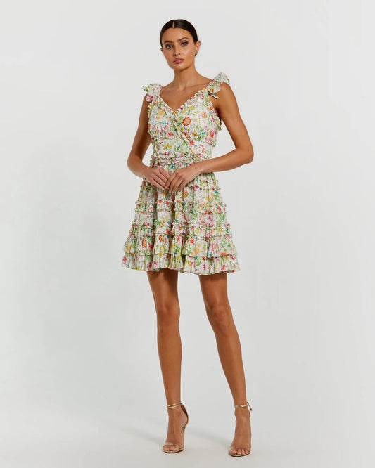 White Floral Tiered Ruffle Mini Dress Mac Duggal