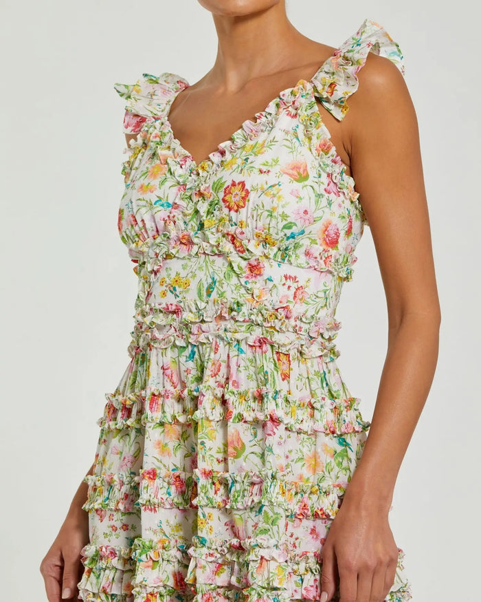 White Floral Tiered Ruffle Mini Dress Mac Duggal
