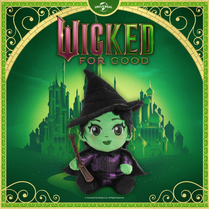 Wicked: For Good Elphaba Phunny plush toy, soft green plush of the Wicked musical character on a white background.