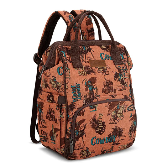 Wrangler Vintage Retro Cowboy Cool Print Backpack -Dark Brown