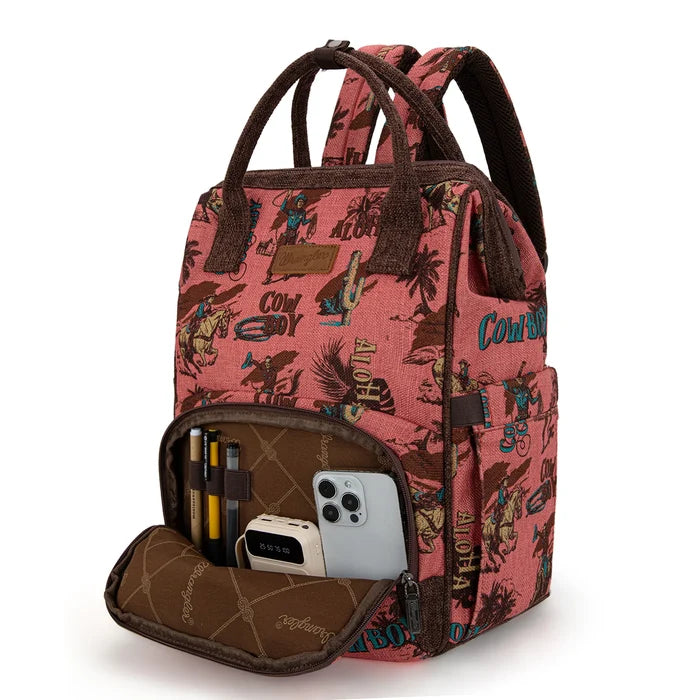 Wrangler Vintage Retro Cowboy Cool Print Backpack -Hot Pink