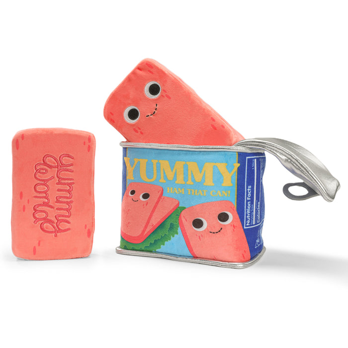 Yummy World Canned Ham 10-inch plush toy, soft and cuddly with realistic ham design and colorful branding.