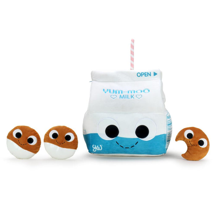Yummy World Milk and Cookies interactive plush toy featuring a soft, colorful milk carton and cookie character with playful details.
