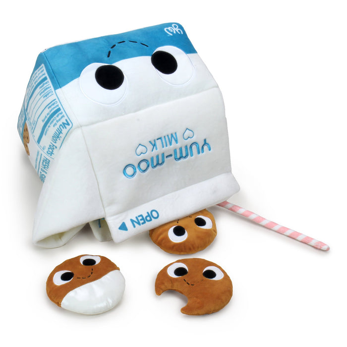 Yummy World Milk and Cookies interactive plush toy featuring a soft, colorful milk carton and cookie character for kids.