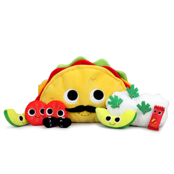 Yummy World XL Victorio Veggie Taco plush set featuring colorful plush taco with vegetable toppings and smiling face.