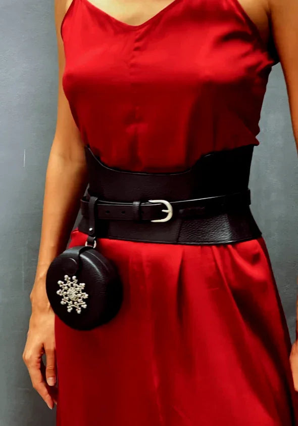 woman in red dress wear corset belt black with beaded leather coin bag by object & dawn
