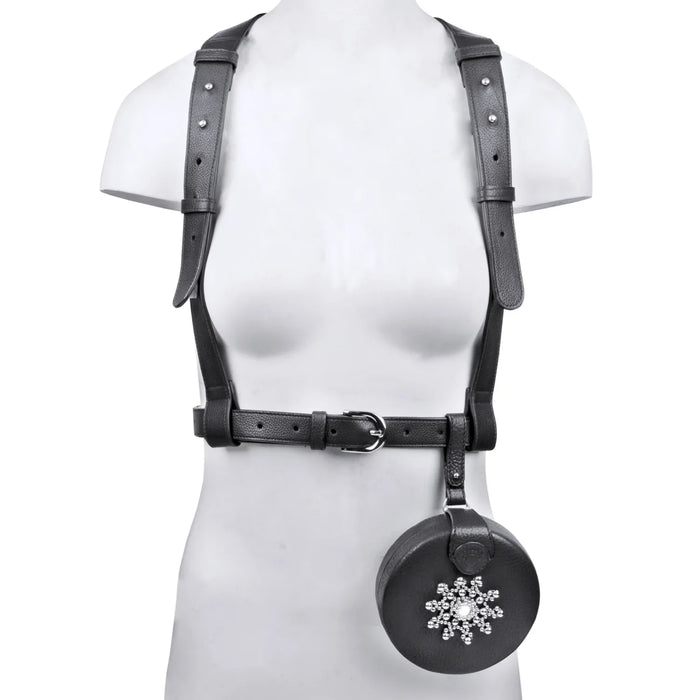 Premium Leather Harness with hard beaded coin bag black from object and dawn ghost images front view