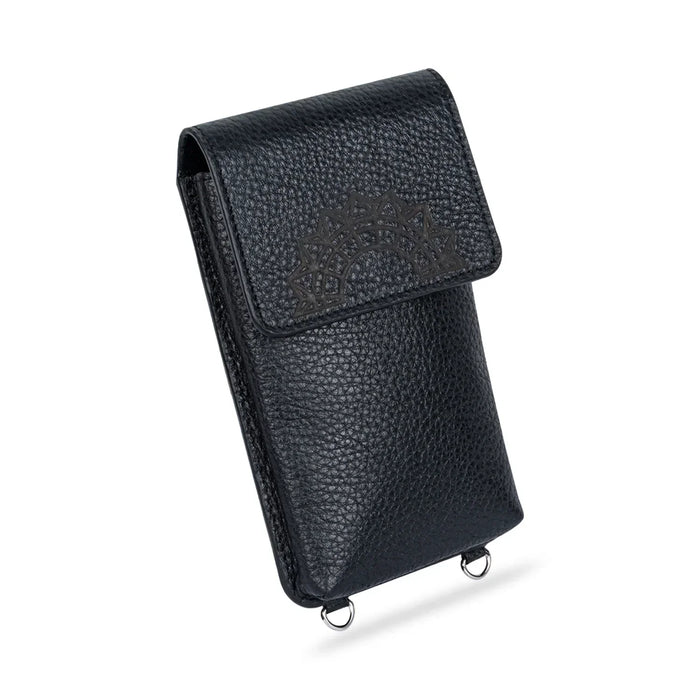 Leather iphone bag collections in black, Zheng Yi Sao by object and dawn ghost image in white background diagonal view