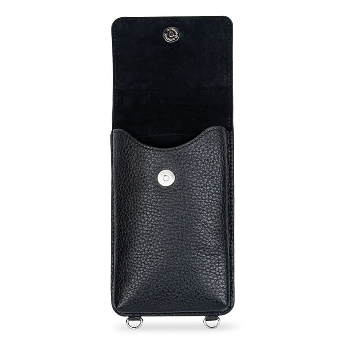 Leather iphone bag Zheng Yi Sao in black, Premium Cow handcrafted ghost image in white background front and insied view Object & Dawn