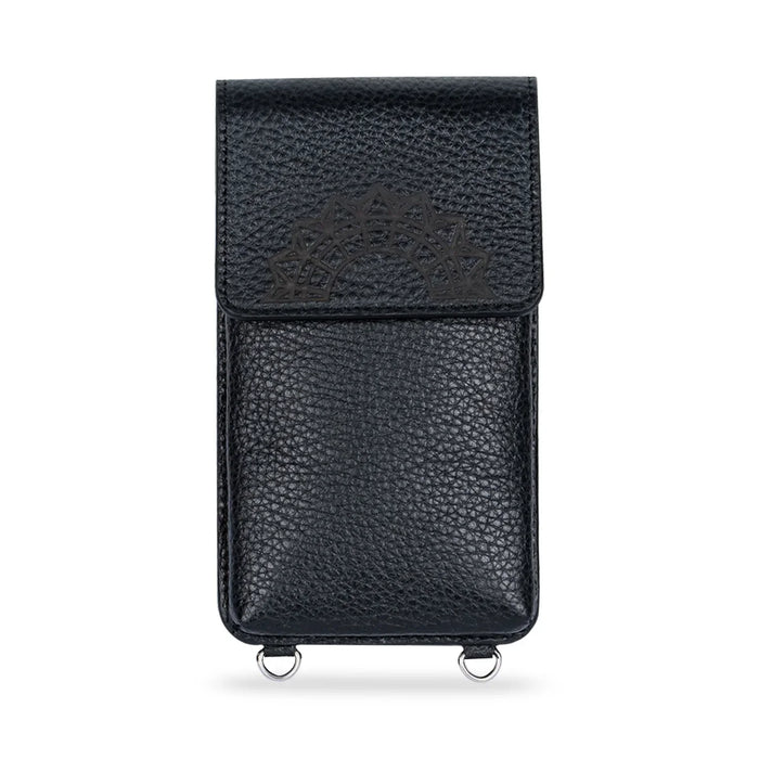 Leather iphone bag Zheng Yi Sao in black, Premium Cow handcrafted ghost image in white background front view Object & Dawn